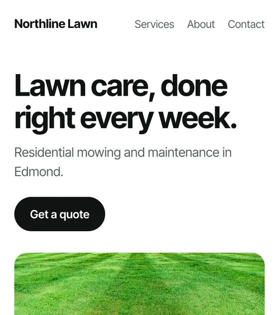 Top of a sample homepage in the clean modern style, for a made-up business called Northline Lawn.