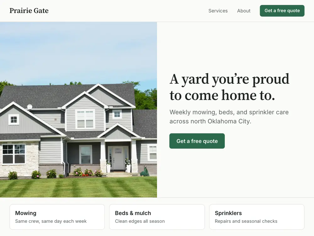 Redesigned homepage for the same sample business, with one clear headline, a photo of a well-kept yard, and a single quote button.