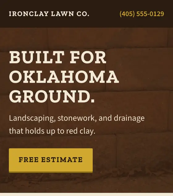 Top of a sample homepage in the rugged earthy style, for a made-up business called Ironclay Lawn Co..